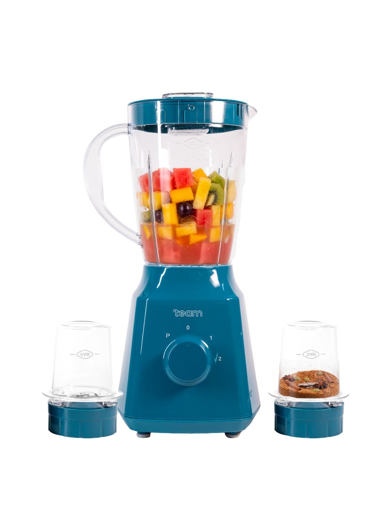 تيم Team 3‑in‑1 Blender Grinder Juicer Machine 350W, 1.5L Unbreakable Jar, Dry Mill & Grinding Cups, Stainless Steel Blades, 2 Speed with Pulse, Multi‑Purpose Mixer Blender for Kitchen - Image 1